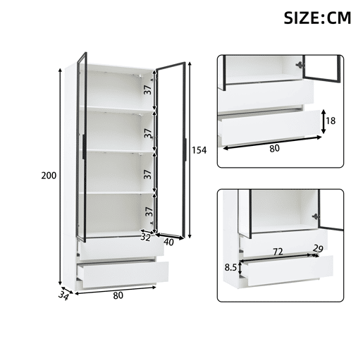 Vitrine de painel de partículas com 2 portas,2 gavetas e luz led,blanco