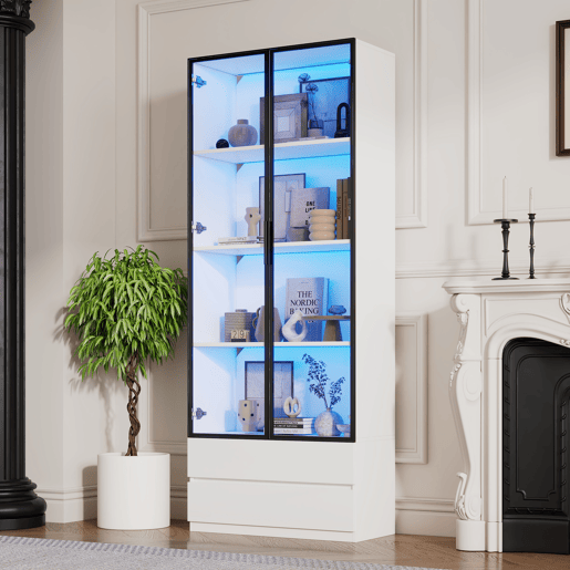 Vitrine de painel de partículas com 2 portas,2 gavetas e luz led,blanco