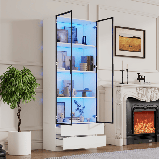 Vitrine de painel de partículas com 2 portas,2 gavetas e luz led,blanco