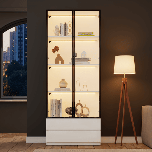 Vitrine de painel de partículas com 2 portas,2 gavetas e luz led,blanco