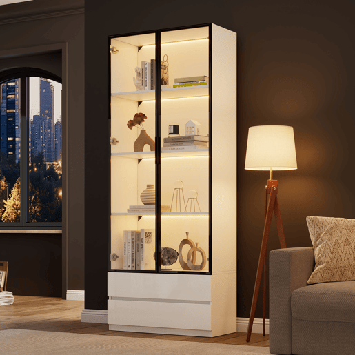 Vitrine de painel de partículas com 2 portas,2 gavetas e luz led,blanco