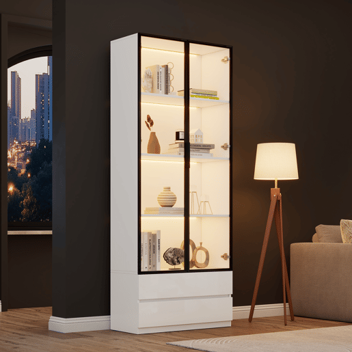 Vitrine de painel de partículas com 2 portas,2 gavetas e luz led,blanco