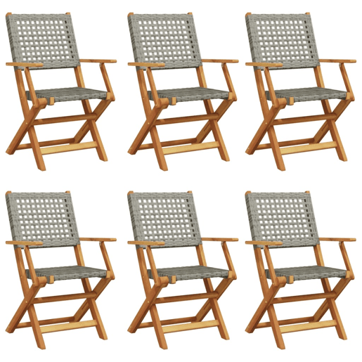 Cadeiras de jardim - Cadeiras de exterior dobráveis 6 pcs vime PEmadeira maciça cinza