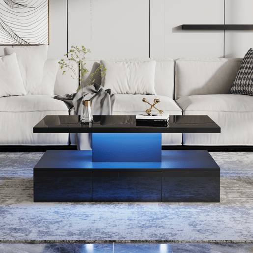 Mesa de centro retangular de painel de partÃculas com 1 gaveta e luz led,preto Mesa de centro retangular de painel de partÃculas com 1 gaveta e luz led,preto