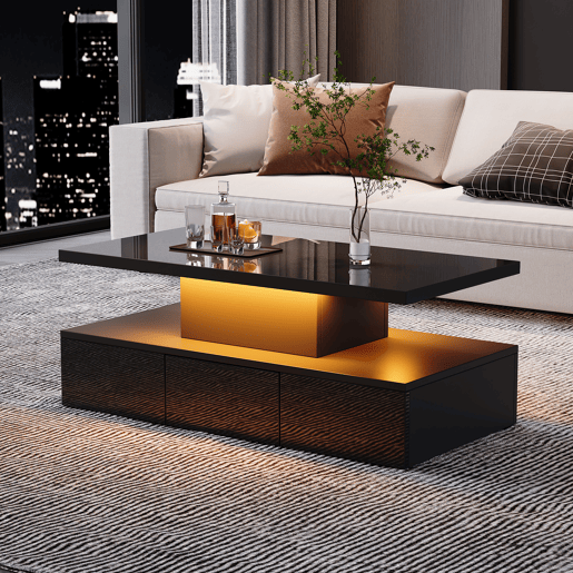 Mesa de centro retangular de painel de partÃculas com 1 gaveta e luz led,preto Mesa de centro retangular de painel de partÃculas com 1 gaveta e luz led,preto