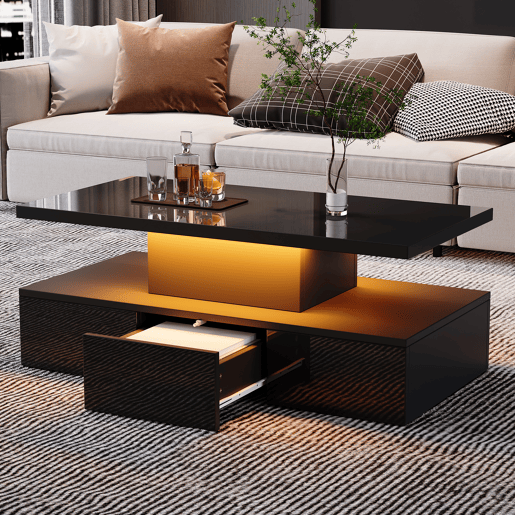 Mesa de centro retangular de painel de partÃculas com 1 gaveta e luz led,preto Mesa de centro retangular de painel de partÃculas com 1 gaveta e luz led,preto