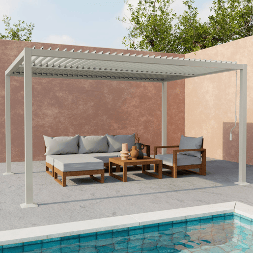 Pérgola bioclimática 3x4m alumínio e aço lâminas orientáveis, Palace 3x4m, Beige, 392x292x211 cm