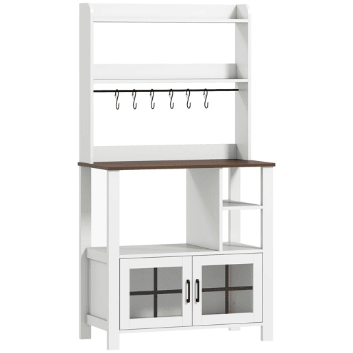 HOMCOM Armário de Cozinha Alto Móvel Auxiliar de Cozinha com 6 Ganchos para Chávenas 2 Portas de Vidro Prateleiras Abertas 80x40x152 cm Branco