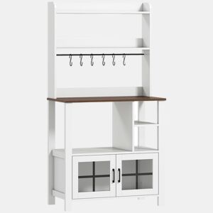 HOMCOM Armário de Cozinha Alto Móvel Auxiliar de Cozinha com 6 Ganchos para Chávenas 2 Portas de Vidro Prateleiras Abertas 80x40x152 cm Branco