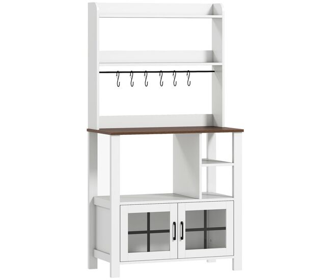 Homcom alacena de cocina alta, mueble auxiliar de cocina, con 6 ganchos para tazas, 2 puertas de vidrio, estantes abiertos, blanco, 80x40x152 cm
