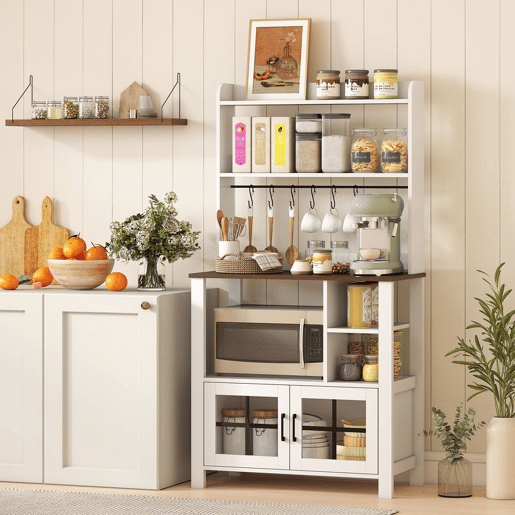 HOMCOM Armário de Cozinha Alto Móvel Auxiliar de Cozinha com 6 Ganchos para Chávenas 2 Portas de Vidro Prateleiras Abertas 80x40x152 cm Branco