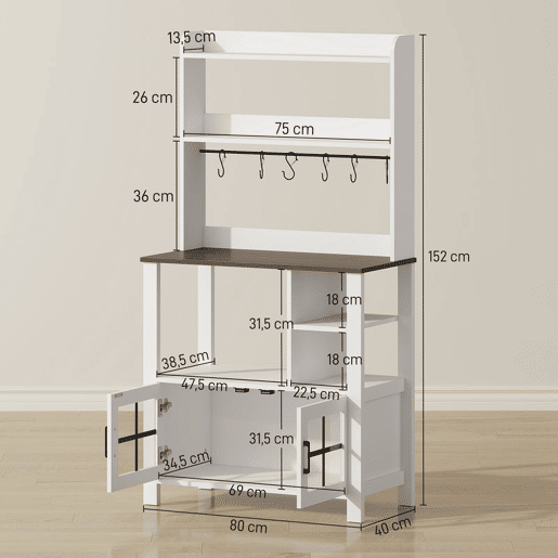 HOMCOM Armário de Cozinha Alto Móvel Auxiliar de Cozinha com 6 Ganchos para Chávenas 2 Portas de Vidro Prateleiras Abertas 80x40x152 cm Branco