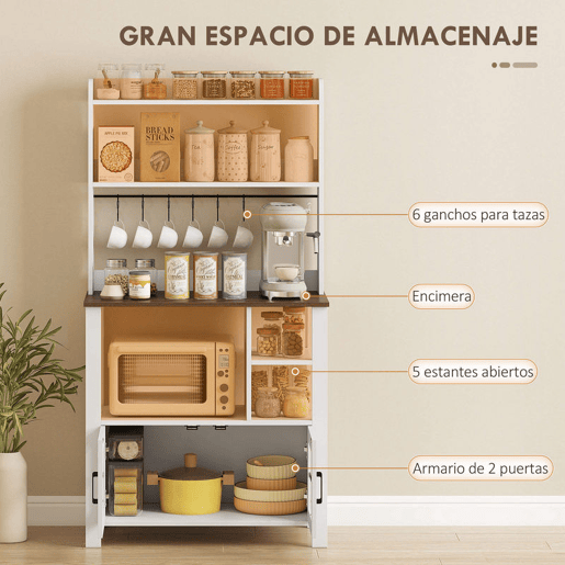 HOMCOM Armário de Cozinha Alto Móvel Auxiliar de Cozinha com 6 Ganchos para Chávenas 2 Portas de Vidro Prateleiras Abertas 80x40x152 cm Branco