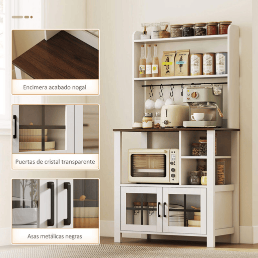 HOMCOM Armário de Cozinha Alto Móvel Auxiliar de Cozinha com 6 Ganchos para Chávenas 2 Portas de Vidro Prateleiras Abertas 80x40x152 cm Branco