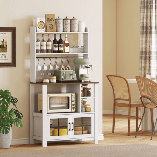 HOMCOM Armário de Cozinha Alto Móvel Auxiliar de Cozinha com 6 Ganchos para Chávenas 2 Portas de Vidro Prateleiras Abertas 80x40x152 cm Branco