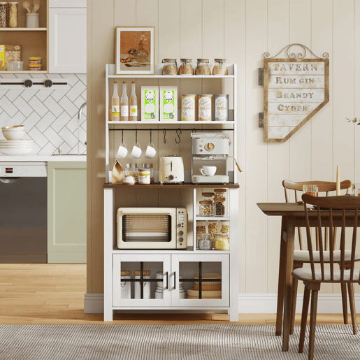 HOMCOM Armário de Cozinha Alto Móvel Auxiliar de Cozinha com 6 Ganchos para Chávenas 2 Portas de Vidro Prateleiras Abertas 80x40x152 cm Branco