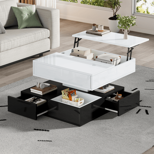 Mesa de centro elevável quadrada de painel de partículas,preto+branco Mesa de centro elevável quadrada de painel de partículas,preto+branco