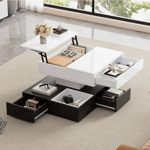Mesa de centro elevável quadrada de painel de partículas,preto+branco Mesa de centro elevável quadrada de painel de partículas,preto+branco