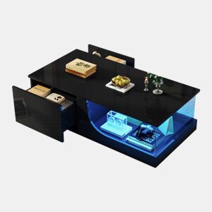 Mesa de centro retangular de mdf com 2 gavetas e luz led,preto