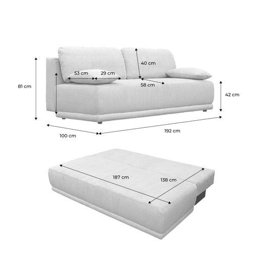 Sofá-cama conversível em veludo canelado de 3 lugares, Nelson, Cinza bege, 192x100x81 cm