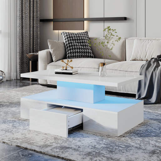 Mesa de centro retangular de painel de partículas com 1 gaveta e luz led,branco