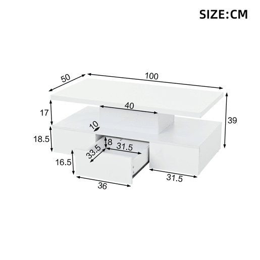 Mesa de centro retangular de painel de partículas com 1 gaveta e luz led,branco