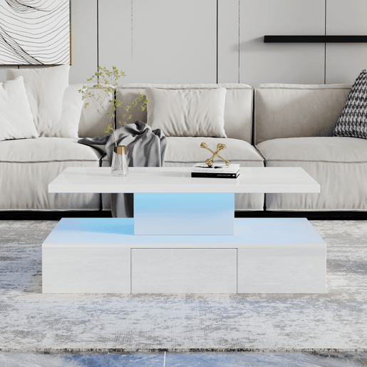 Mesa de centro retangular de painel de partículas com 1 gaveta e luz led,branco