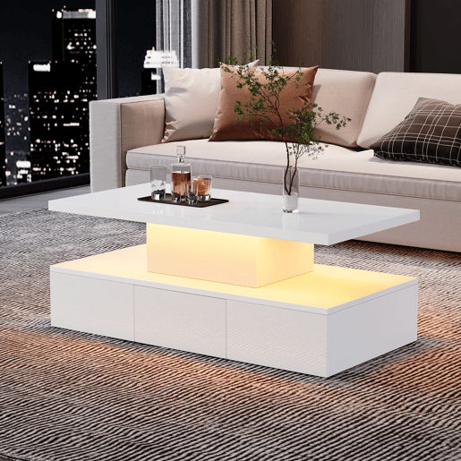 Mesa de centro retangular de painel de partículas com 1 gaveta e luz led,branco