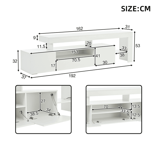 Móvel de TV 192 cm de painel de partículas com 3 portas e luz led,branco