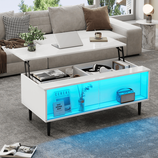 Mesa de centro elevável retangular de painel de partículas com luz led,branco Mesa de centro elevável retangular de painel de partículas com luz led,branco