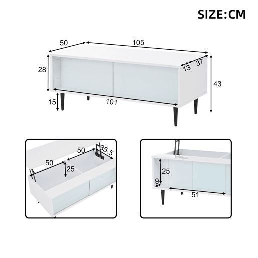 Mesa de centro elevável retangular de painel de partículas com luz led,branco Mesa de centro elevável retangular de painel de partículas com luz led,branco