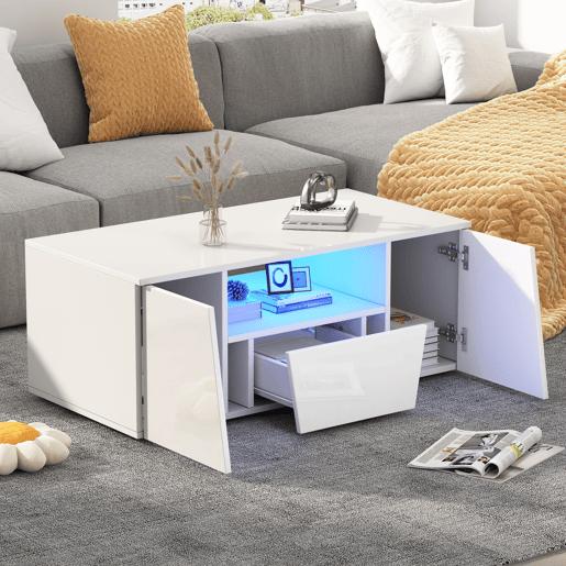 Mesa de centro retangular de painel de partículas com 1 gaveta e luz led,branco
