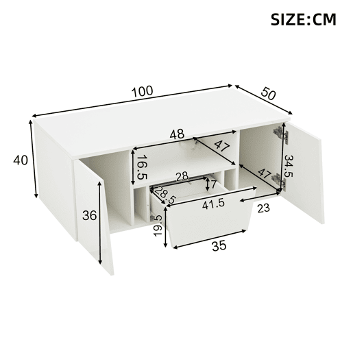 Mesa de centro retangular de painel de partículas com 1 gaveta e luz led,branco