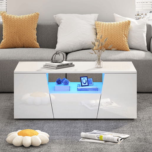Mesa de centro retangular de painel de partículas com 1 gaveta e luz led,branco
