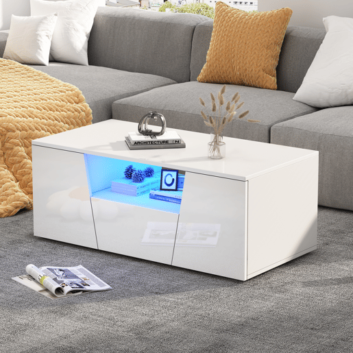 Mesa de centro retangular de painel de partículas com 1 gaveta e luz led,branco