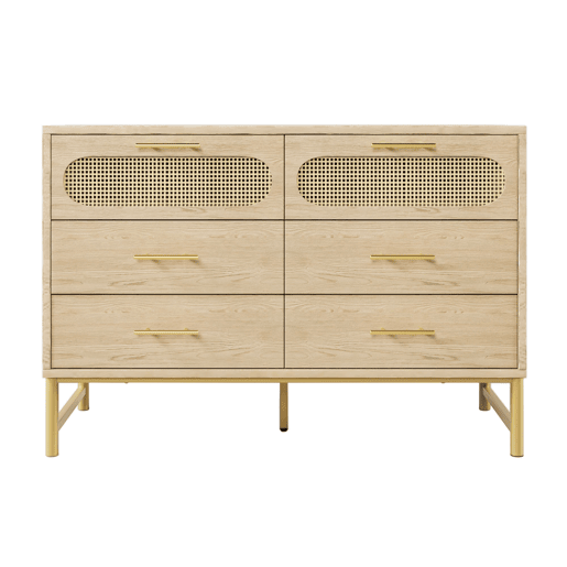Cômoda 120x40x74 cm - 6 gavetas, puxadores de metal, proteção contra tombamento - Carvalho Sonoma