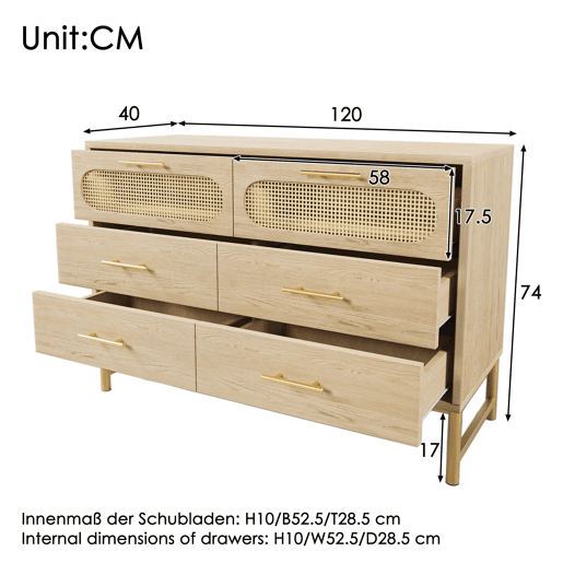 Cômoda 120x40x74 cm - 6 gavetas, puxadores de metal, proteção contra tombamento - Carvalho Sonoma