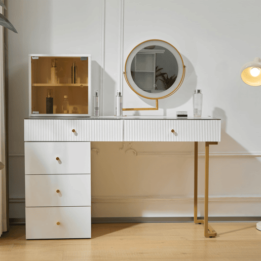 Conjunto de toucador com espelho LED - 120x45x115 cm - mesa com vidro temperado, armário - Branco, Dourado