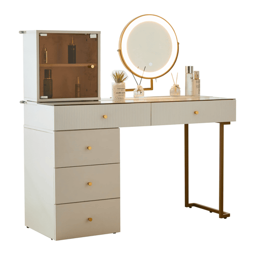 Conjunto de toucador com espelho LED - 120x45x115 cm - mesa com vidro temperado, armário - Branco, Dourado