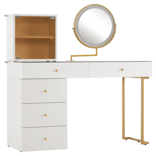 Conjunto de toucador com espelho LED - 120x45x115 cm - mesa com vidro temperado, armário - Branco, Dourado