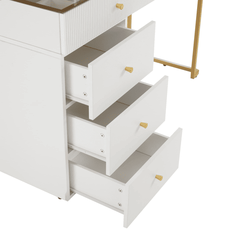 Conjunto de toucador com espelho LED - 120x45x115 cm - mesa com vidro temperado, armário - Branco, Dourado