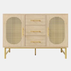 Cômoda Rattan 120x40x74 cm - 3 gavetas, 2 portas de rattan, prateleiras ajustáveis, Sonoma Roble