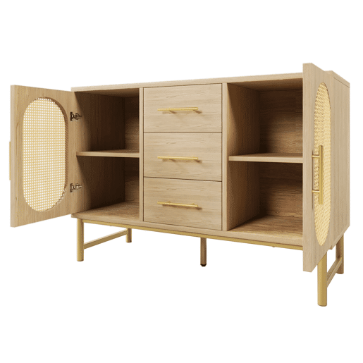 Cômoda Rattan 120x40x74 cm - 3 gavetas, 2 portas de rattan, prateleiras ajustáveis, Sonoma Roble