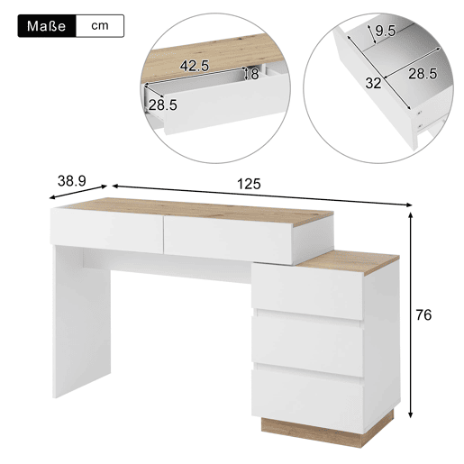 Secretária com 5 gavetas - Mesa de toucador com arrumação - Branco + Carvalho