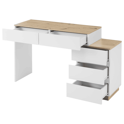 Secretária com 5 gavetas - Mesa de toucador com arrumação - Branco + Carvalho