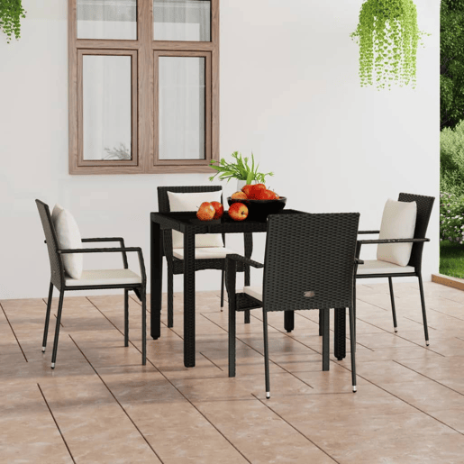 Cadeiras de jardim - Cadeiras de exterior com almofadões 4 pcs vime PE preto Cadeiras de jardim - Cadeiras de exterior com almofadões 4 pcs vime PE preto