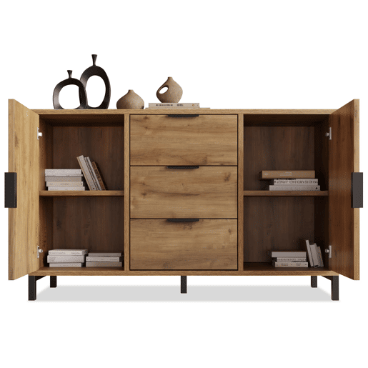Kommode 120x40x76 cm - 2 portas, 3 gavetas, prateleira ajustável - Carvalho escuro