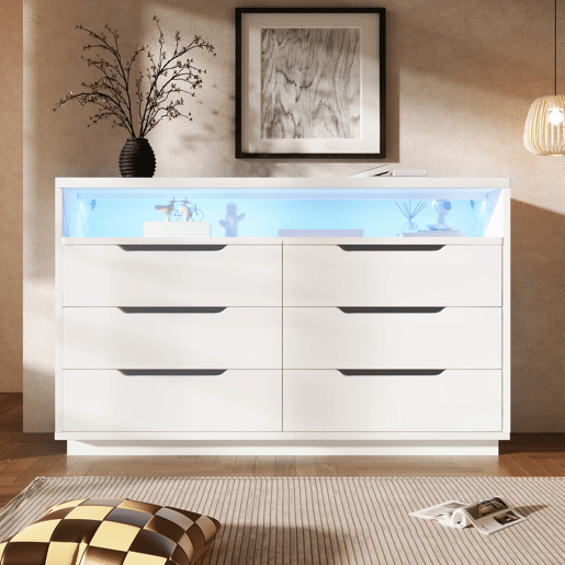 Aparador 120x40x85 cm - Com iluminação LED, 6 gavetas, design moderno, branco