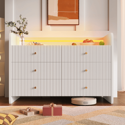 Aparador 120x40x75 cm - Com LED e 6 gavetas - Design ondulado - Branco