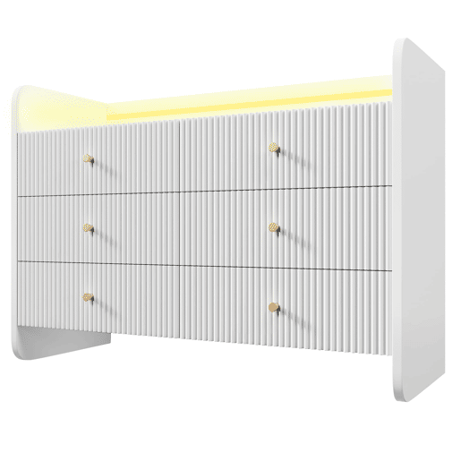 Aparador 120x40x75 cm - Com LED e 6 gavetas - Design ondulado - Branco
